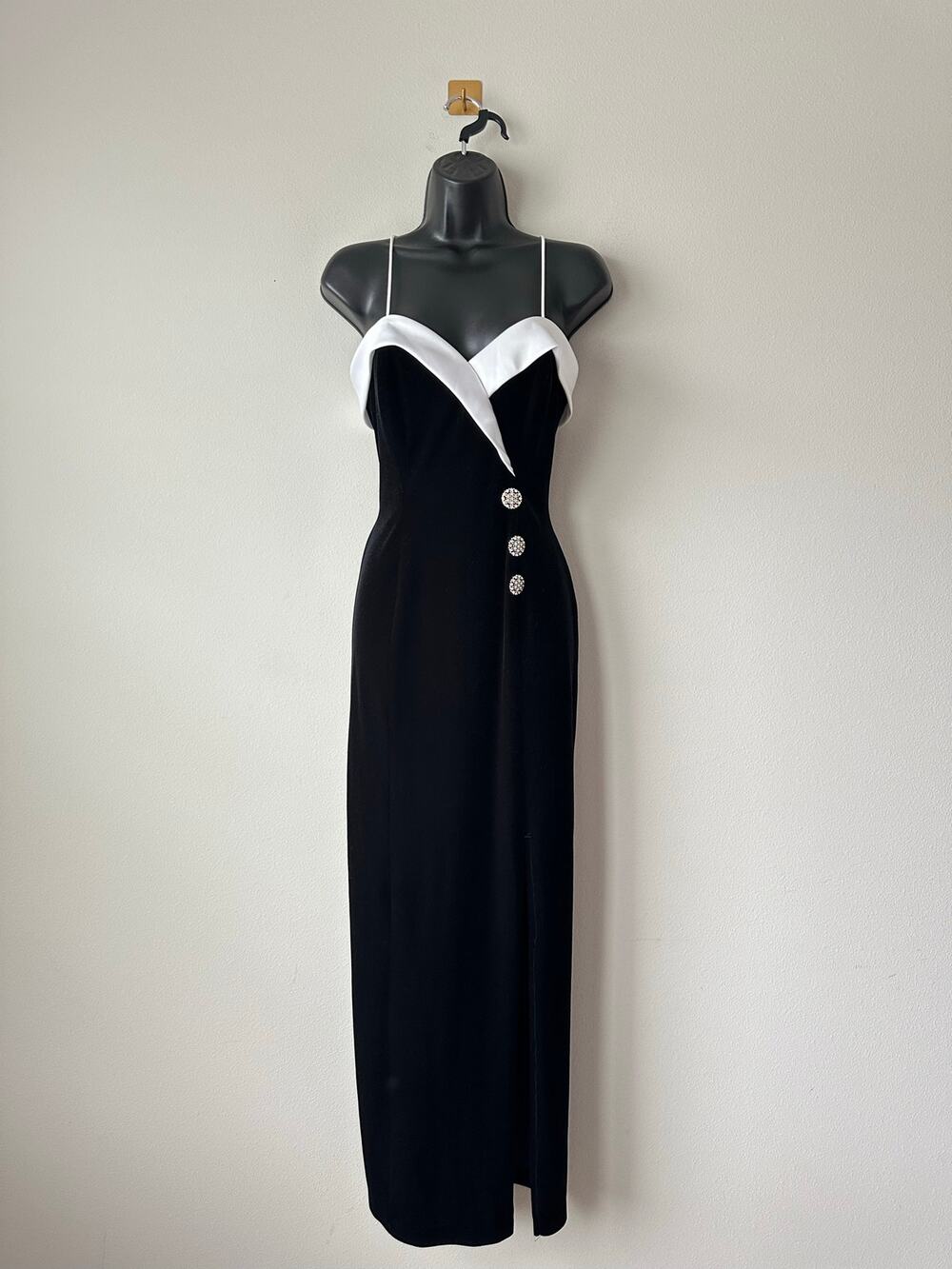 Vintage 90s Black Velvet Column Gown White Satin Tuxedo Old Hollywood Dress